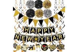 Famoby Happy New Year Banner Pom poms Triangle flag Swirls Garland Hanging Bunting for Happy New Year Party Decorations