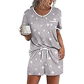 Ekouaer Pajama Set for Women 2 Piece Lounge Set Short Sleeve Tops and Shorts Soft Sleepwear, Chest Pocket