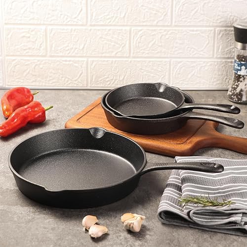 CherHome Cast Iron Skillets Piece，Pre-Seasoned Cast Iron Frying