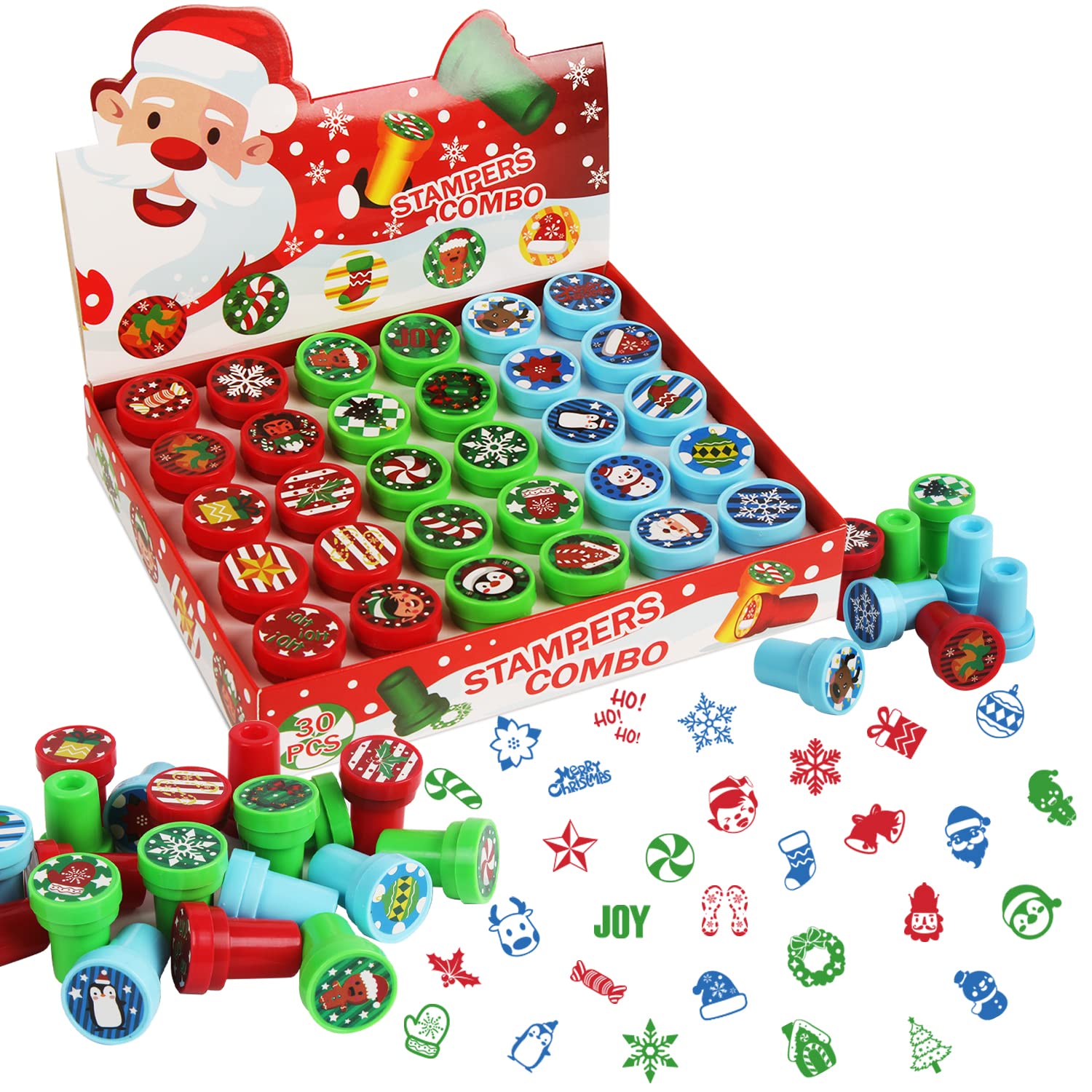 VEYLIN Christmas Stamps for Kids, Assorted 30 Washable Plastic Self-ink Stampers for Crafting Holiday Party Favors Fillers