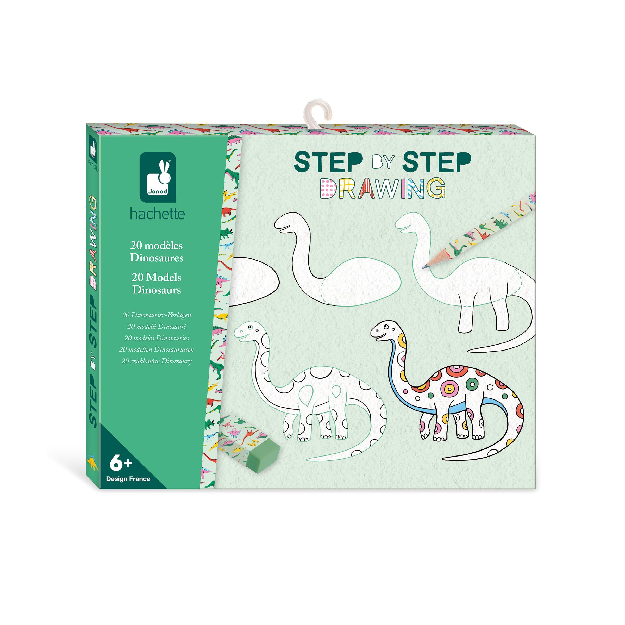Janod - Step by Step Drawing - Learn to draw - 20 Dinos Models - Children's Drawing Kit - Learning to draw and concentrate - From 6 years - J09154