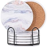 Hoewina 6Pcs Drink Coasters with Holder, Marble Style Ceramic Drink Coaster, Absorbent Coasters Set Suitable for Kinds of Cups, Modern Style Coasters for Coffee Table, 4 Inches(Cloud Style)