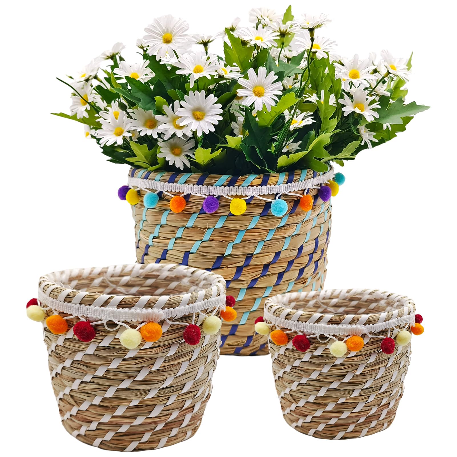 KMERCE Set of 3 Wicker Plant Pot Covers, Indoor Plant Basket, Decorative Seagrass Garden Flower Pots, Storage Basket, Diameter 12 cm, 17 cm, 23 cm