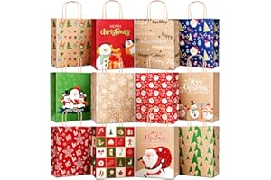 DeckTheHalls 24 Pack Christmas Gift Bags with 12 Stylish Prints, Christmas Tote Bags with Sturdy Handle, Reusable Xmas Kraft Gift Bags for Holiday Gifts, Party Favors, Ideal for Wrapping Gifts