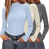 Evervibe 3 Pack Women's Mock Neck Thermal Tops Long Sleeve Cotton Ribbed Knit Turtleneck Shirts Slim Fitted Casual Base Layer