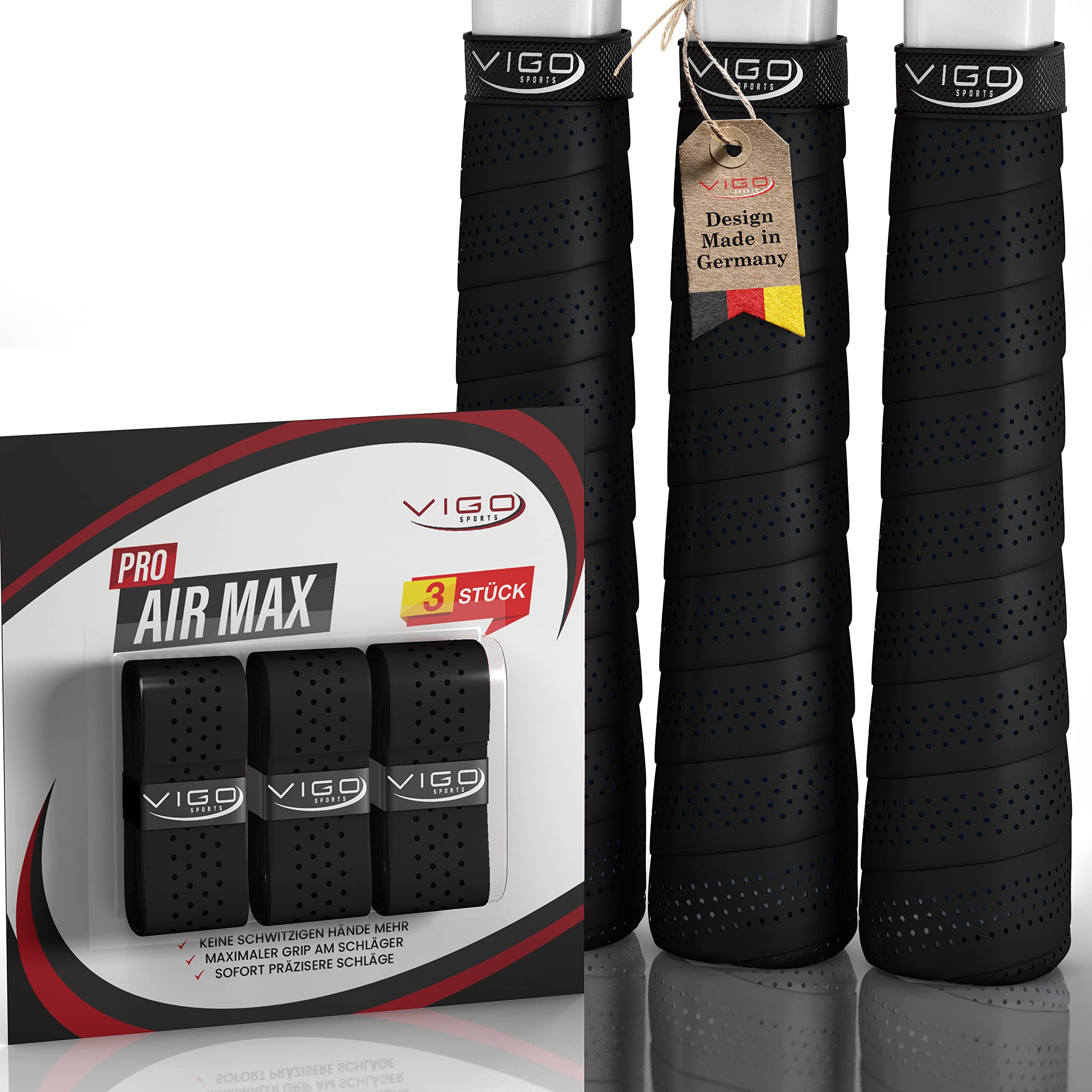 VIGO SPORTS Pro Airmax [Set of 3] Overgrip Tennis Racket with Anti-Sweat Technology thanks to Special Perforation - Tennis Grip Tape for Optimal Racket Control with Easy Assembly