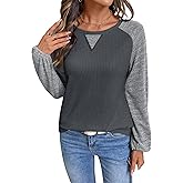 SHEWIN Womens Waffle Knit Tops Casual Crewneck Contrast Long Sleeve Shirts Loose Blouses Pullover Tunic Top