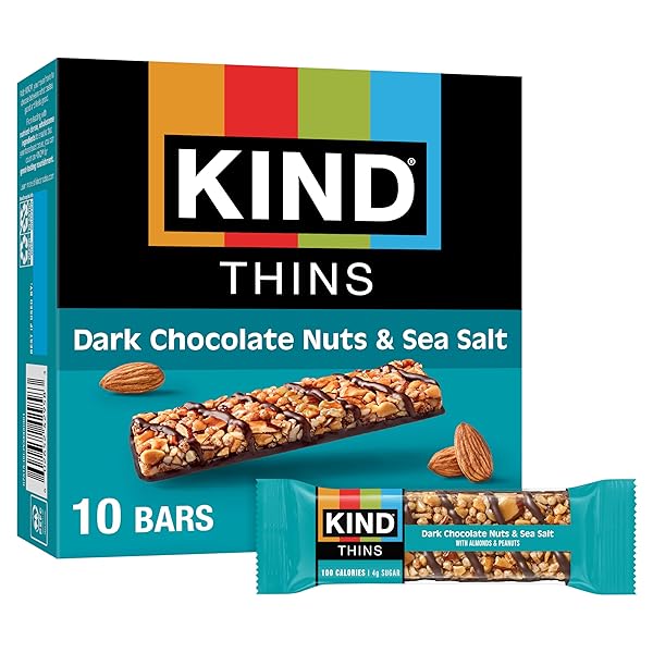 KIND THINS SNACK BARS, DARK CHOCOLATE NUTS & SEA SALT, GLUTEN FREE, LOW CALORIE, HEALTHY SNACKS, 4G SUGAR, 10 COUNT