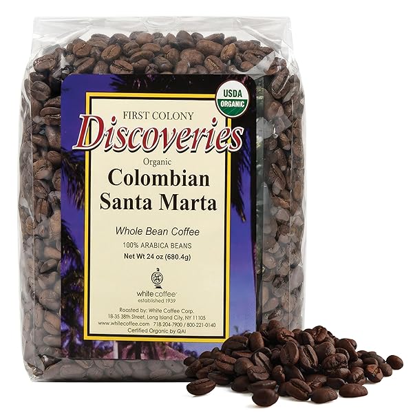 FIRST COLONY WHOLE BEAN COFFEE, COLOMBIAN SANTA MARTA, MEDIUM ROAST, USDA ORGANIC, 100% ARABICA BEANS, 24OZ BAG FOR HOME BREWERS & CAFÉS, HAND-ROASTED IN THE USA SINCE 1902