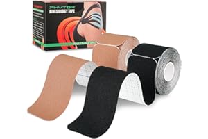 PHYTOP Kinesiology Tape Roll (40 Count, 10") | Latex-Free K Tape Precut Strips for Sports | Kinesiotape Ideal for Knee, Shoulder, and Elbow Support (Black+Beige, 5CM X 5M)