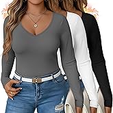 Sweetyweee 3 Pack Women's Plus Size Long Sleeve Thermal Shirts, V Neck Slim Fitted Fleece Underwear Basic Tees