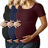 Riyiper 3 Pack Women's Maternity Cotton Ribbed Tops Scoop Neck Short Sleeve Pregnancy T-Shirts Side Ruched Mama Clothes
