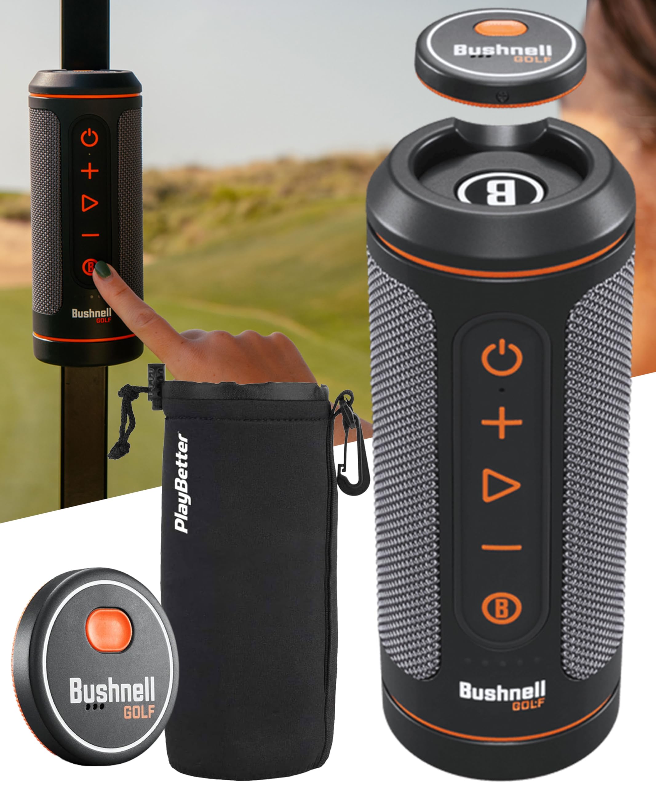 Bushnell Wingman 2 Golf Speaker with GPS - Remote Controlled Voice GPS Distances, Music, 40,000+ Courses, BITE Magnetic Cart Mount - Bundle with PlayBetter Protective Wingman Pouch