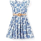 PATPAT Little Big Girls Dress Vintage Boho Floral Ruffle Short Sleeve Casual Swing Dress with Braided Belt