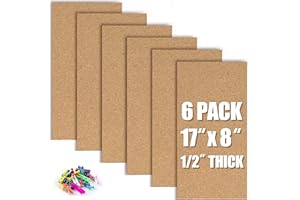 AKTOP Cork Board Bulletin Board 17"x8", 1/2" Thick Cork Board Tiles 6 Pack, Small Pin Board for Wall Decor, Self Adhesive Corkboards with 60 Push Pin Wood Clips for School, Home & Office