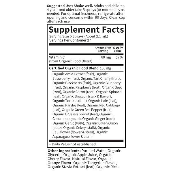 GARDEN OF LIFE ORGANICS VITAMIN C FOR KIDS AND ADULTS, ORGANIC SPRAY FOR SKIN HEALTH – CHERRY TANGERINE, VITAMIN C SUPPLEMENT ANTIOXIDANT FOR IMMUNE SUPPORT, 2 FL OZ LIQUID DROPS