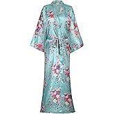 Mignon Cromwell Women's Long Satin Robe Floral Kimono Dressing Gown Lightweight Sleepwear Bridal Party Bridesmaids Robes