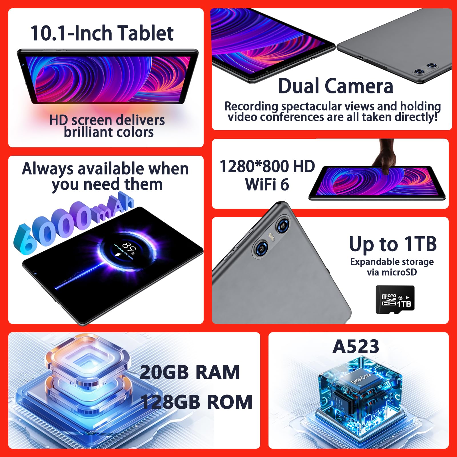 SKYEGG Android 14 Tablet 10.1 inch Tablets,20GB RAM 128GB ROM 1TB Expand,Octa-Core Processor,Dual Camera,WiFi 6,Bluetooth 5.0,6000mAh Long Battery Life with Keyboard/Mouse-Grey