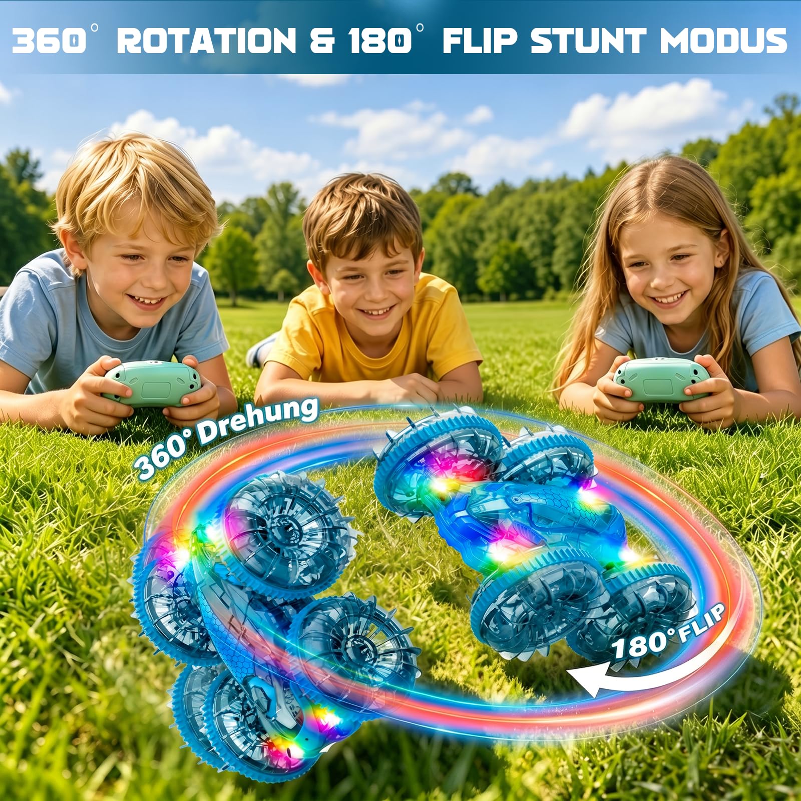 Morofme Amphibienfahrzeug Ferngesteuert Auto, 2.4GHz Ferngesteuertes Auto Kinder, 4WD 360° Stunt RC Car RGB Licht, 90Min Spielzeit Ferngesteuertes Auto ab 4-12 Jahre für Outdoor Pool Strand Spielzeug 4