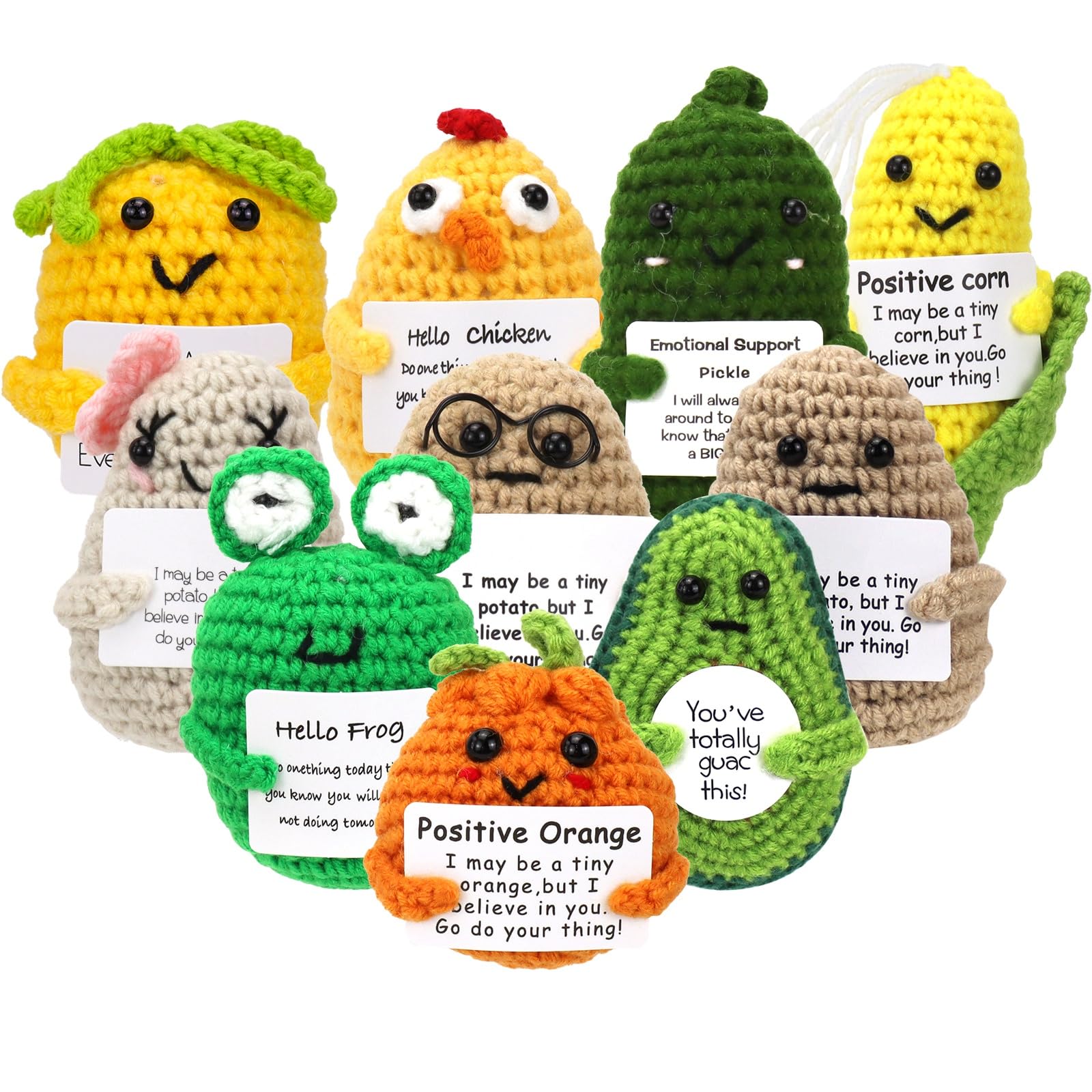 10 Pcs Mini Funny Positive Doll, 3 Inch Soft Wool Knitting Toy Cute Handmade Mini Funny Crochet Doll with Positive Card Decoration Encouragement Support for Birthday Gift Room Decor
