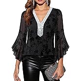 Timeson Women's Ruffle 3/4 Sleeve Sparkly Tops Sequin V Neck Blouses Dressy Fall Shirts