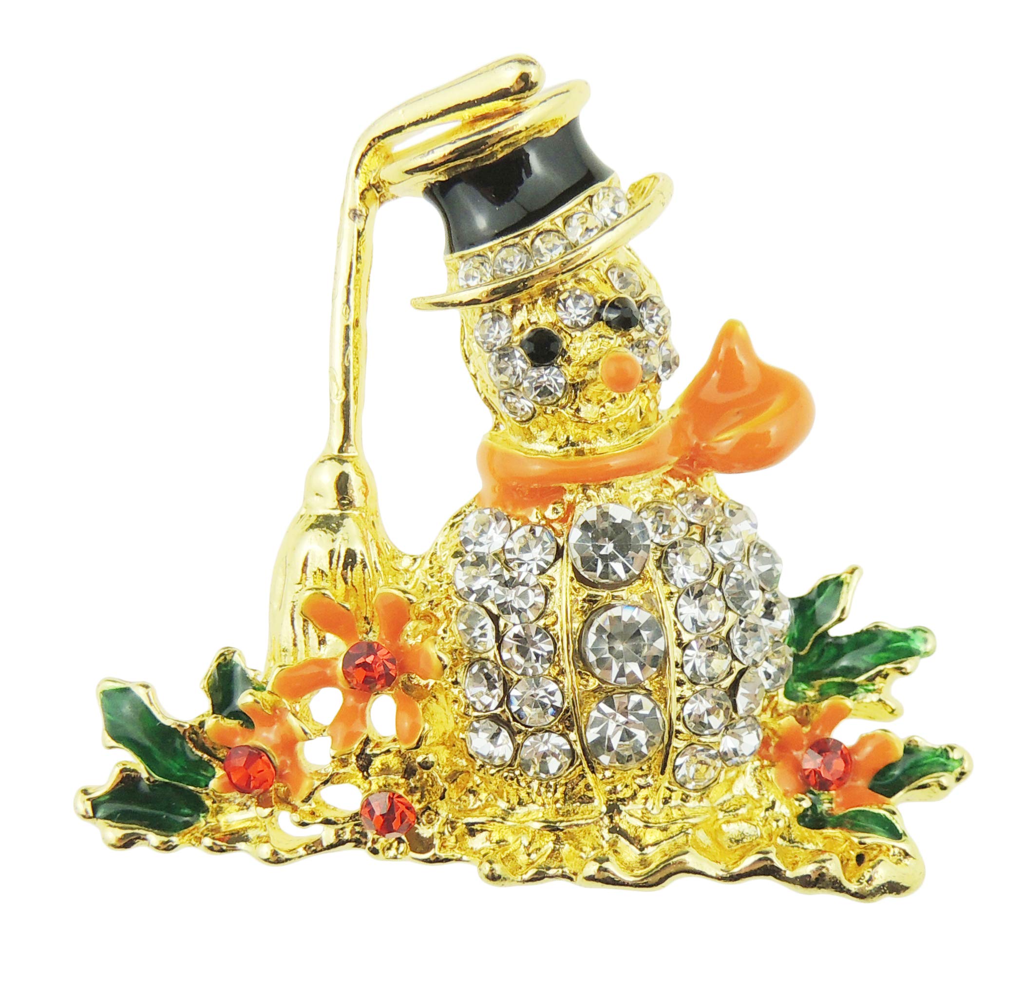 Sparkly Womens Christmas Party Birthday Gift Diamante Rhinestone Crystal Fancy Dress Bling Badge Corsage Pin Halloween Christmas Thanksgiving Festive Brooch Snowman Broomstick Orange Gold Tone