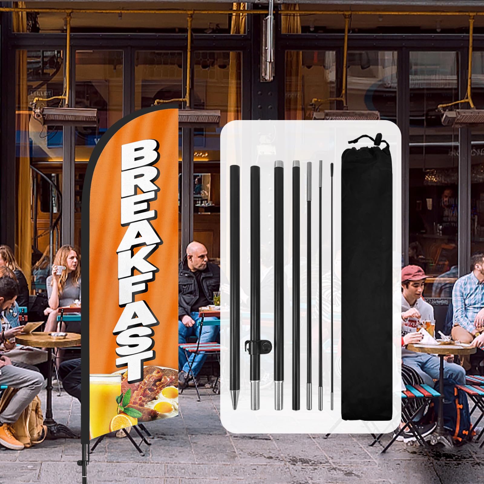 QSUM Breakfast Feather Flag,8FT Breakfast Advertising Swooper Flag with Pole Kit, Ground Spike, Breakfast Signs for Businesses and Storefronts