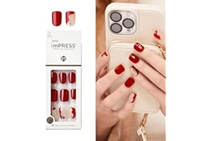 KISS imPRESS No Glue Mani Press On Nails, Design, 'Adore You', Red, Short Size, Squoval Shape, Includes 30 Nails, Prep Pad, Instructions Sheet, 1 Manicure Stick, 1 Mini File