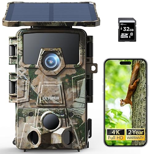 CEYOMUR 4K UHD Solar Wildlife Camera, WiFi 6 Trail Camera with 5200mAh Lithium Battery Rechargeable, Wildlife Camera with 120° Detection Angle Night Vision Motion Activated with 32GB SD Card