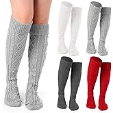 Toulite 4 Pairs Cable Knit Knee High Socks for Women Long Boot Stockings Socks, Long Warm Leg Warmers Winter
