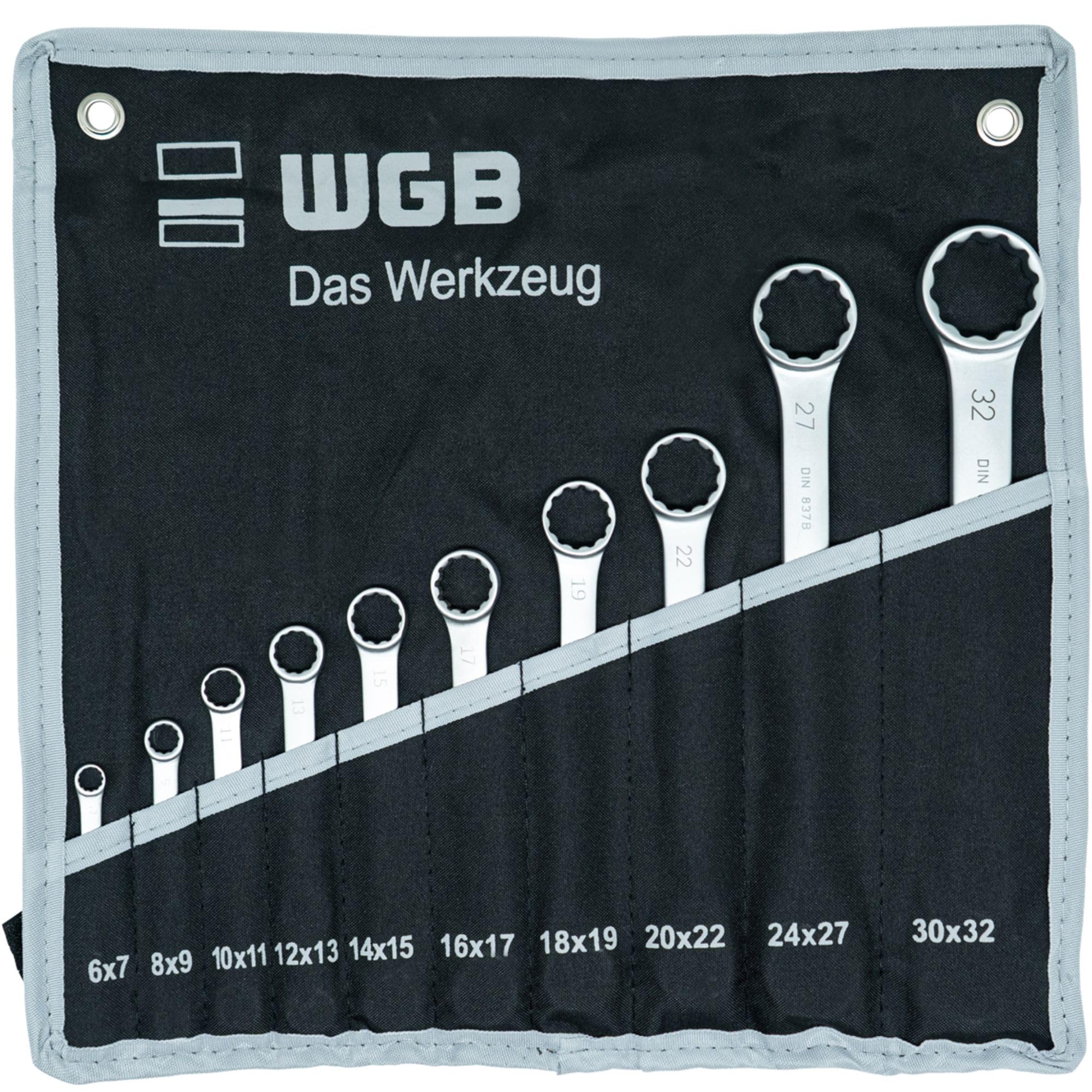 Combination Spanner Set Straight & Extra Flat in Tool roll Bag | 10-piece Double Ring Spanner Set 6-32 mm | Automotive Spanner Set from WGB