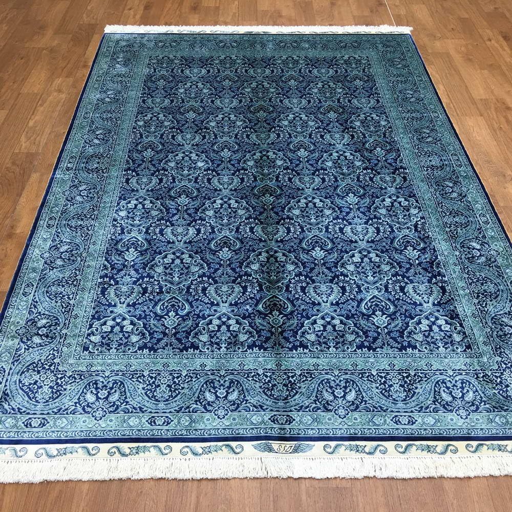 Yuchen New 5.5'x8' Blue All-over Pattern Kashmir Handknot Silk Carpet Handmade Silk Rug