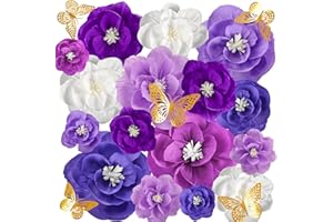 QUNLAND 30 Pcs Tissue Paper Flowers, Large Paper Flowers Tea Party Decorations, Crepe Paper Flower w 3D Butterfly for Baby Shower Nursery Room Wedding Birthday Garden Party Events Wall Décor(Purple White)