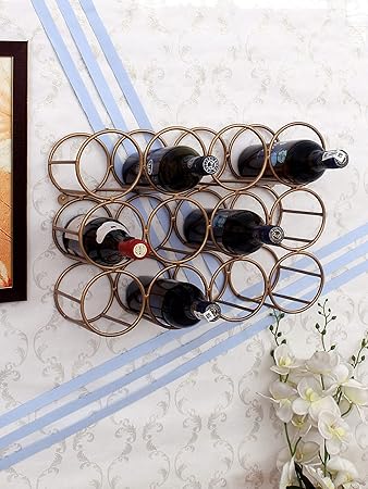 Home Sparkle 12 Bottle Modern Design Wine Rack for Wall Mild Steel (Gold)