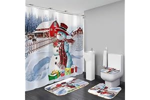 DDQQ 4PCS Christmas Snowman Shower Curtain Sets with Rugs, Snowman Christmas Bathroom Decor Accessories Sets with Hooks, Polyester Bathroom Sets Shower Curtains Gift for Families