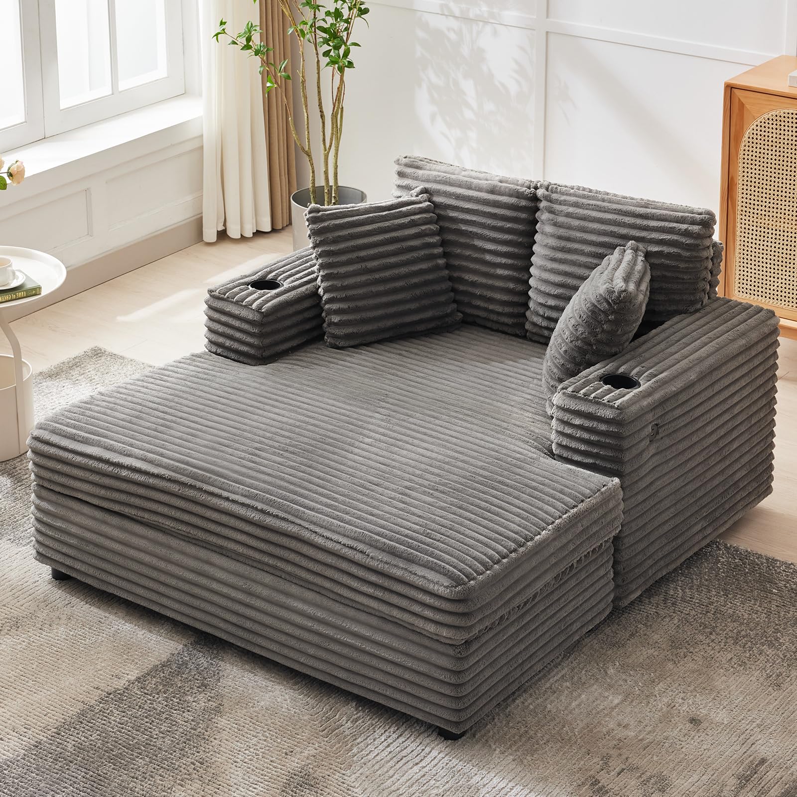 Photo 1 of **ONLY the top layer cushion**
GarveeHome 60-inch Oversized Chaise Lounge Chair Indoor, Comfy Corduroy Lounge Sofa with Charging Station, Cup Holders & Throw Pillows, Cozy Sleeper Couch for Living Room Apartments, Grey