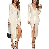 Capuffy Women's Button Down Sweater Maxi Dress Long Sleeve Open Front Long Cardigan Dress V Neck Fall Knit Bodycon Dresses 88