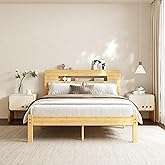 COMASACH Bamboo Wood Queen Bed Frame with Storage Headboard,14 Inch High Solid Queen Size Bed Frame, Metal Slats Support, Heavy Duty, No Box Spring Needed