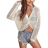 BreathSunny Womens Crochet Swimsuit Coverup Cropped Top Summer 2025 Twist Knot Long Sleeve Beach Bathing Suit Cover Up