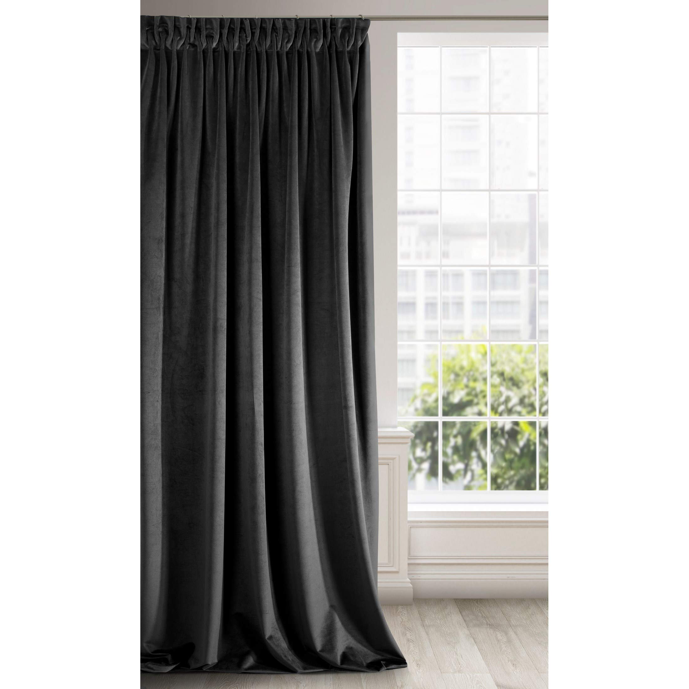 Eurofirany Soft Plain Opaque Velvet Curtain with Rufflette Tape For Rail - 1 Unit, Thick Fluffy Panel Drape Classic Glamour Elegant Living Room Bedroom, W55'' x L106'', 140x270 cm, Black