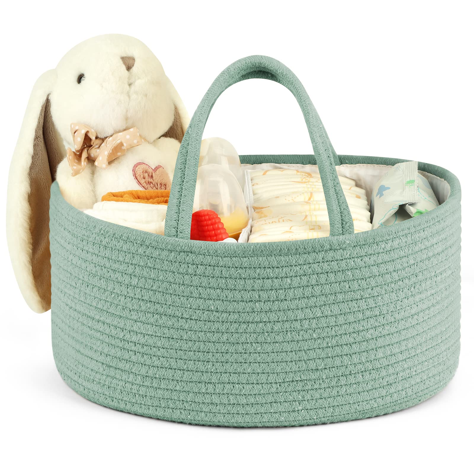 Maliton Nappy Caddy, Cotton Rope Newborn Essentials Diaper Sturdy Portable Baby Caddy Storage Basket with Detachable Compartments, Organiser as Shower Gifts for Newborn, All-Green