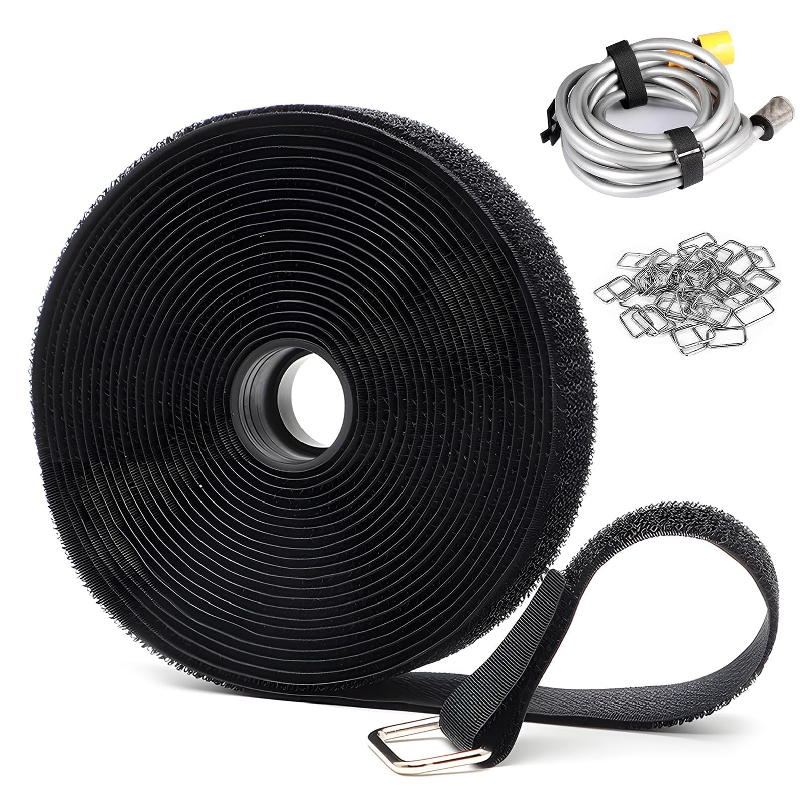 Reusable Cable Ties with 50 Buckles - Custom Cut Hook and Loop Straps for Cable Management - Heavy Duty Nylon Cord Organizer for Home, Office, Tools & Garage Storage (1in x32ft)