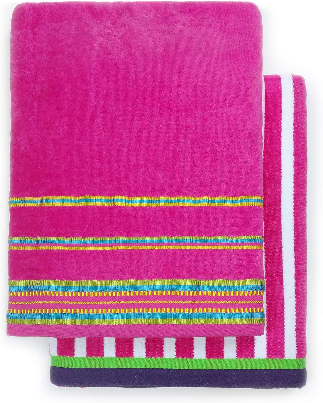 Oversized 40" X 70" Stripe and Solid Color Velour Super Soft Beach and Pool Towel Set of 2 Pieces Easy Care, Extra Large (Pink)