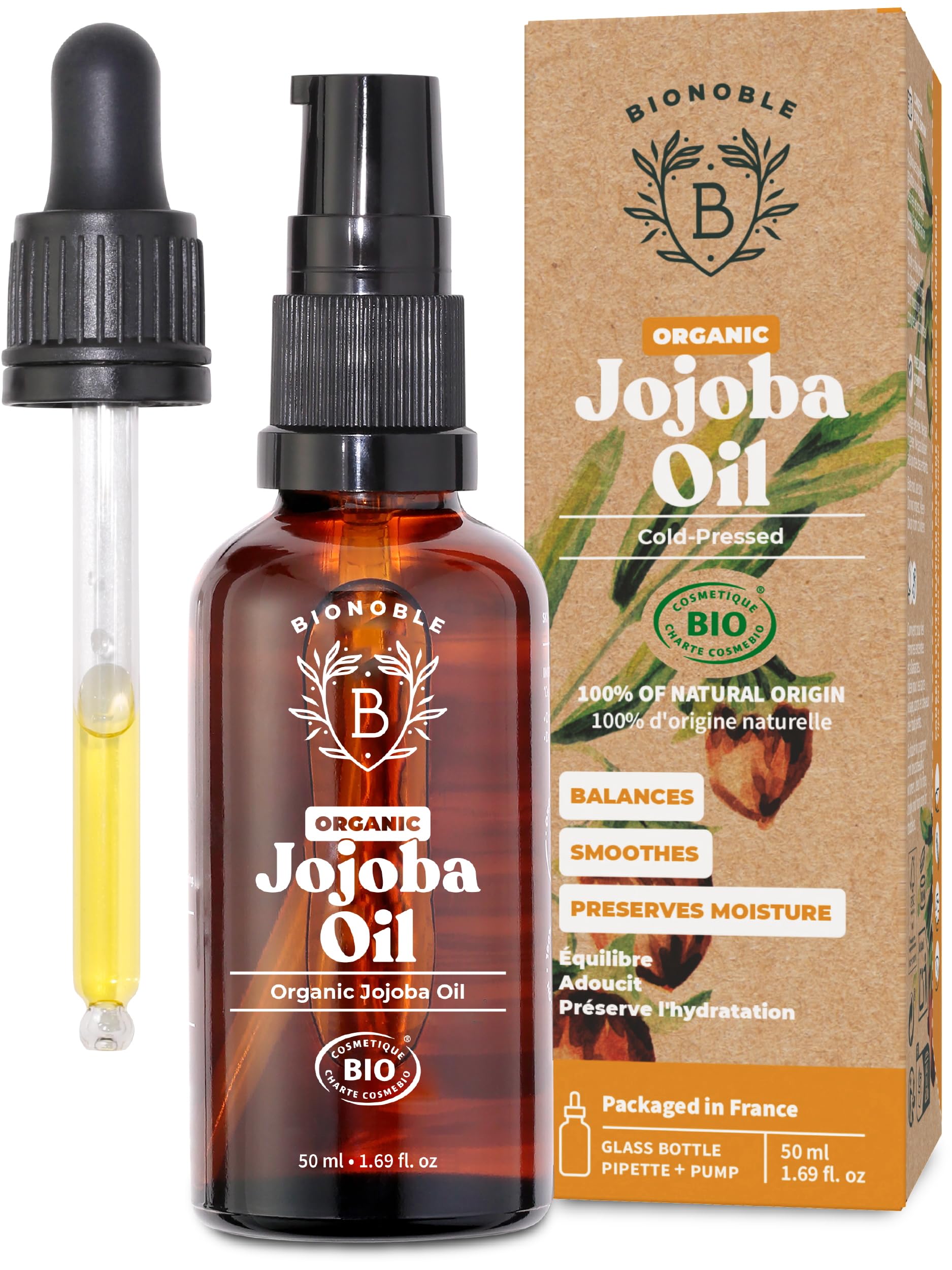 BIONOBLE Organic Jojoba Oil Cold Pressed Unrefined - Balances Sebum, Smoothes, Anti-Acne - 100% Pure Jojoba Oil for Skin, Face, Hair, Body - Vegan, Hexane Free - Glass Bottle, Pipette and Pump - 50ml