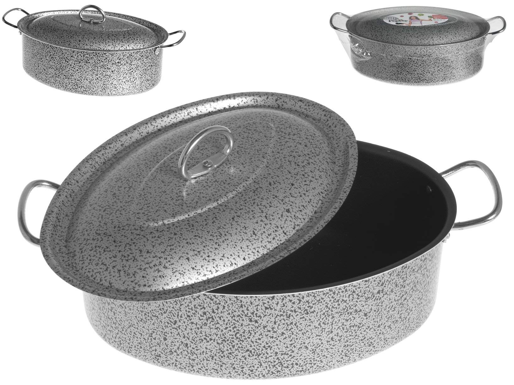 Home Salt Peper Oval Casserole with Handle and Lid, Non-Stick Coating, 32 cm, Silver/Black