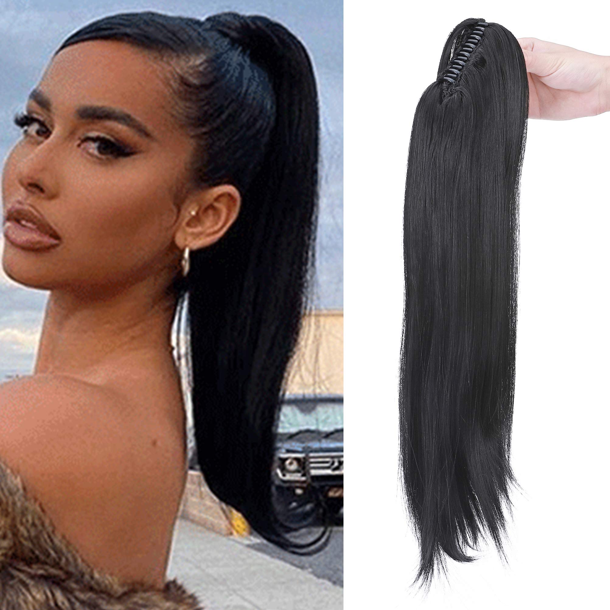 Claw Ponytail Hair Extension Cute Clip In On Ponytail With Claw Jaw Hairpiece One Piece Straight to Small Wave Wavy Tail Synthetic Heat Resistant Hair for Daily Use 22inch 56cm Dark Black