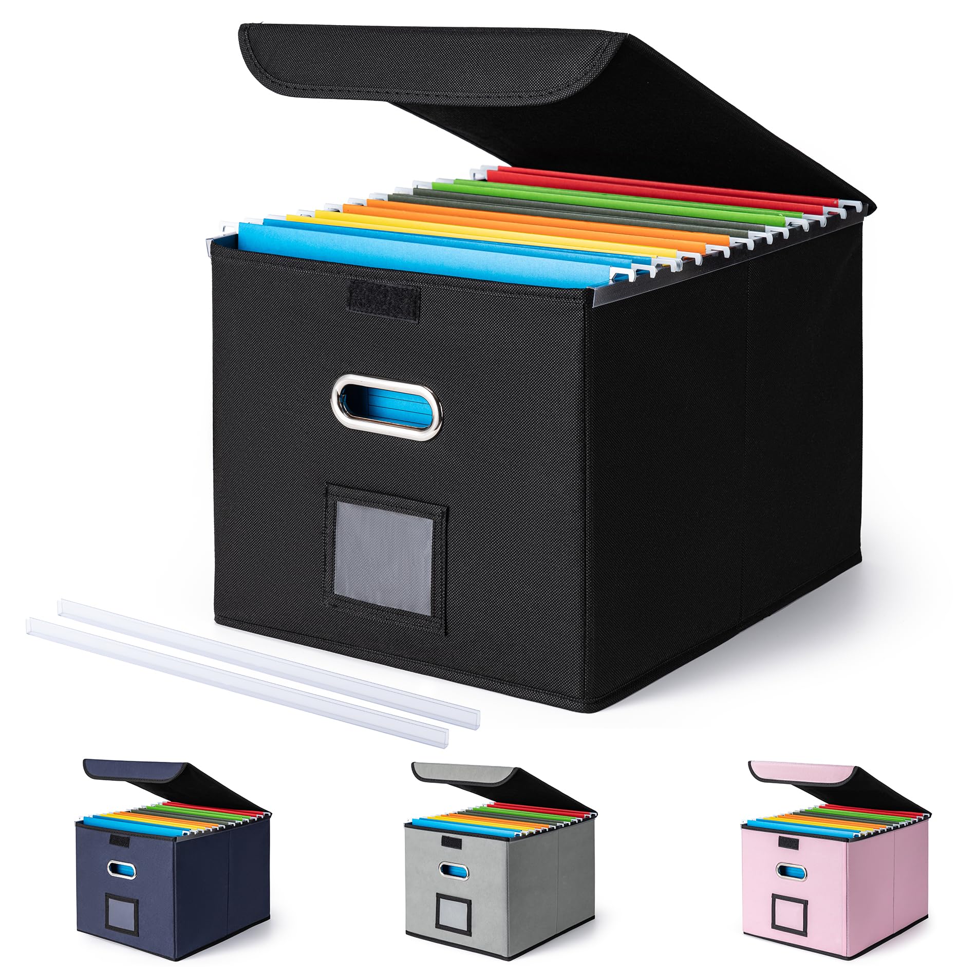 Photo 1 of CADONO File Organizer Box with Lid, Large Hanging File Folder Organizer with Plastic Slide, Collapsible Portable Filing Storage Boxes for Office/Decor/Home (Black, 14.9 x 12.59 x 10.8 inch)