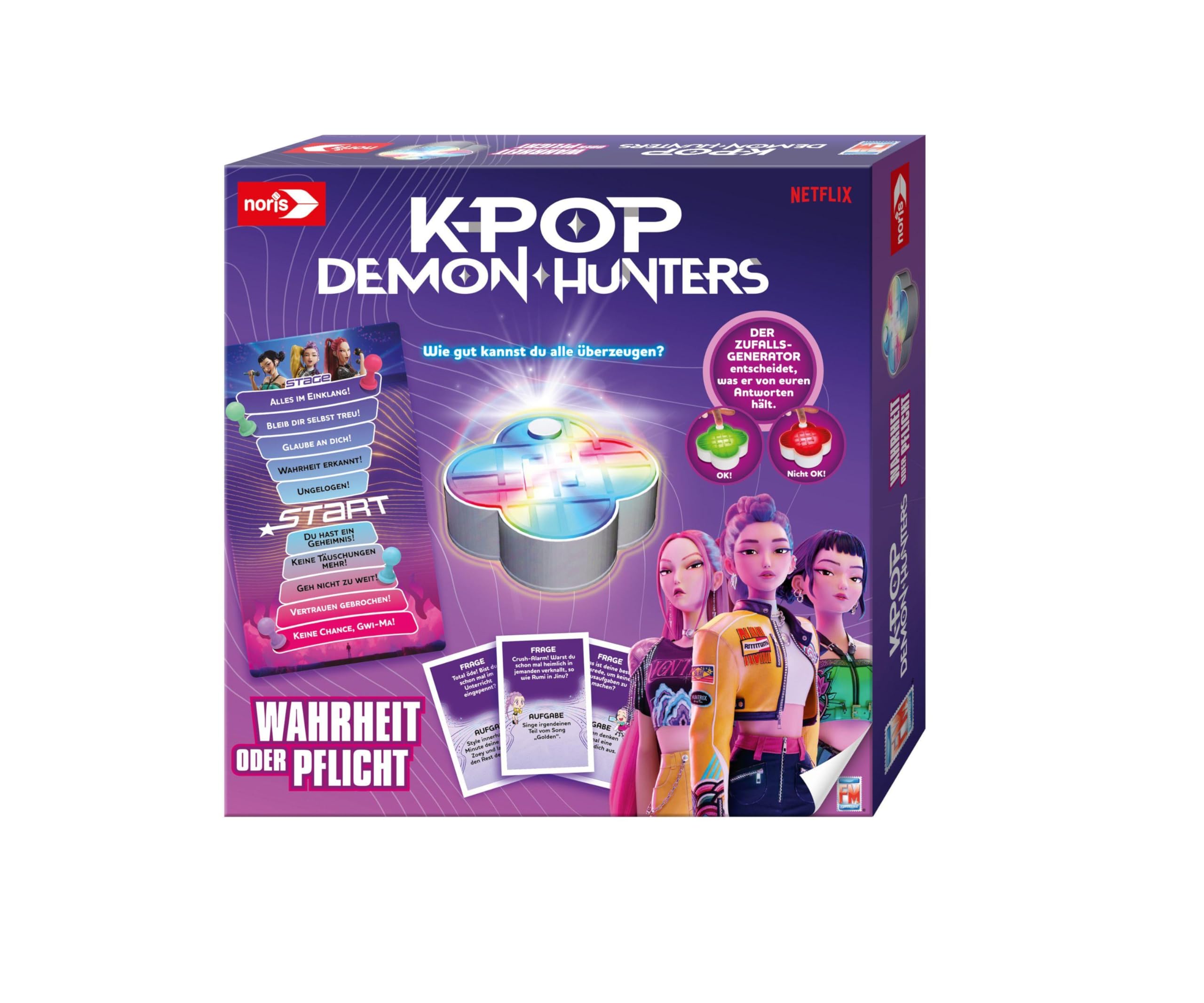 noris K-POP Demon Hunters Spiel - Partyspiel, Wahrheit oder Pflicht mit elektronischem Zufallsgenerator, Fan-Spiel zur Netflix Musical-Fantasy-Animation, Brettspiel für 2 bis 4 Fans ab 8 Jahren