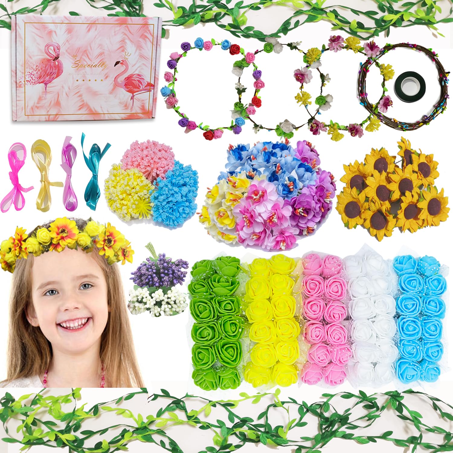 Make Your Own 12PCs Fairy Flower Headbands and Bracelets, DIY Flower Crowns Craft Kit, Hair Asccessorie Arts and Crafts Gift for Kids Ages 6 7 8 9 10 Years Old and Up