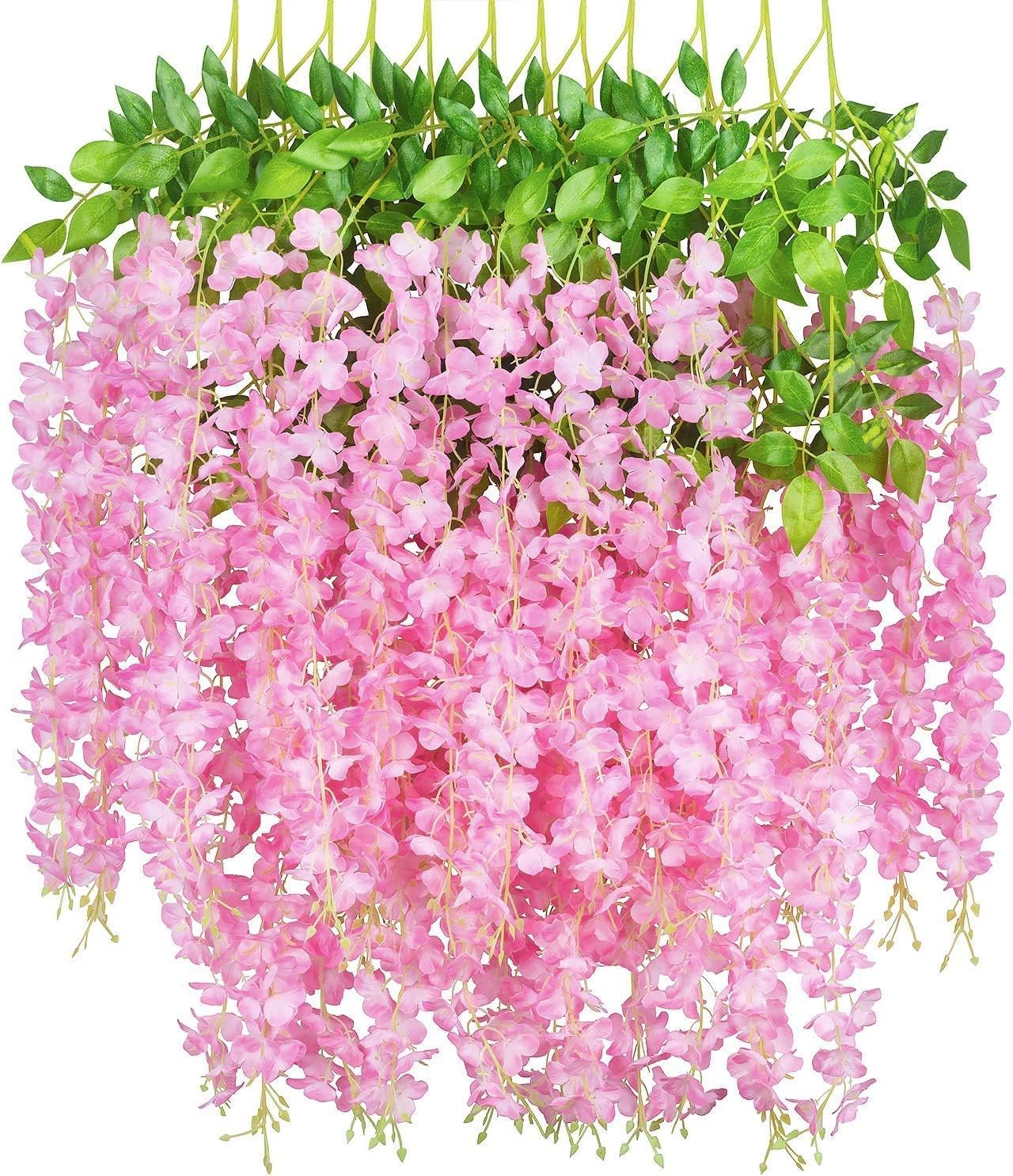 Tifuly 12 Pcs Artificial Wisteria Vines, 3.6 FT Fake Wisterias with 3 Branches, Long Wall Garland Silk Hanging Flower for Home Party Wedding Ceiling Decoration(12Pcs,Pink)